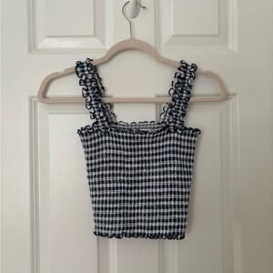 Navy Gingham Ruffle Trim Women's Top